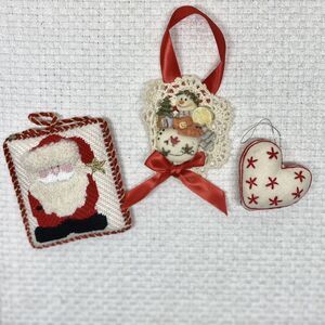 Christmas Ornaments Lot Of 3 Hand Done Cross Stitch, Needlepoint & Crochet